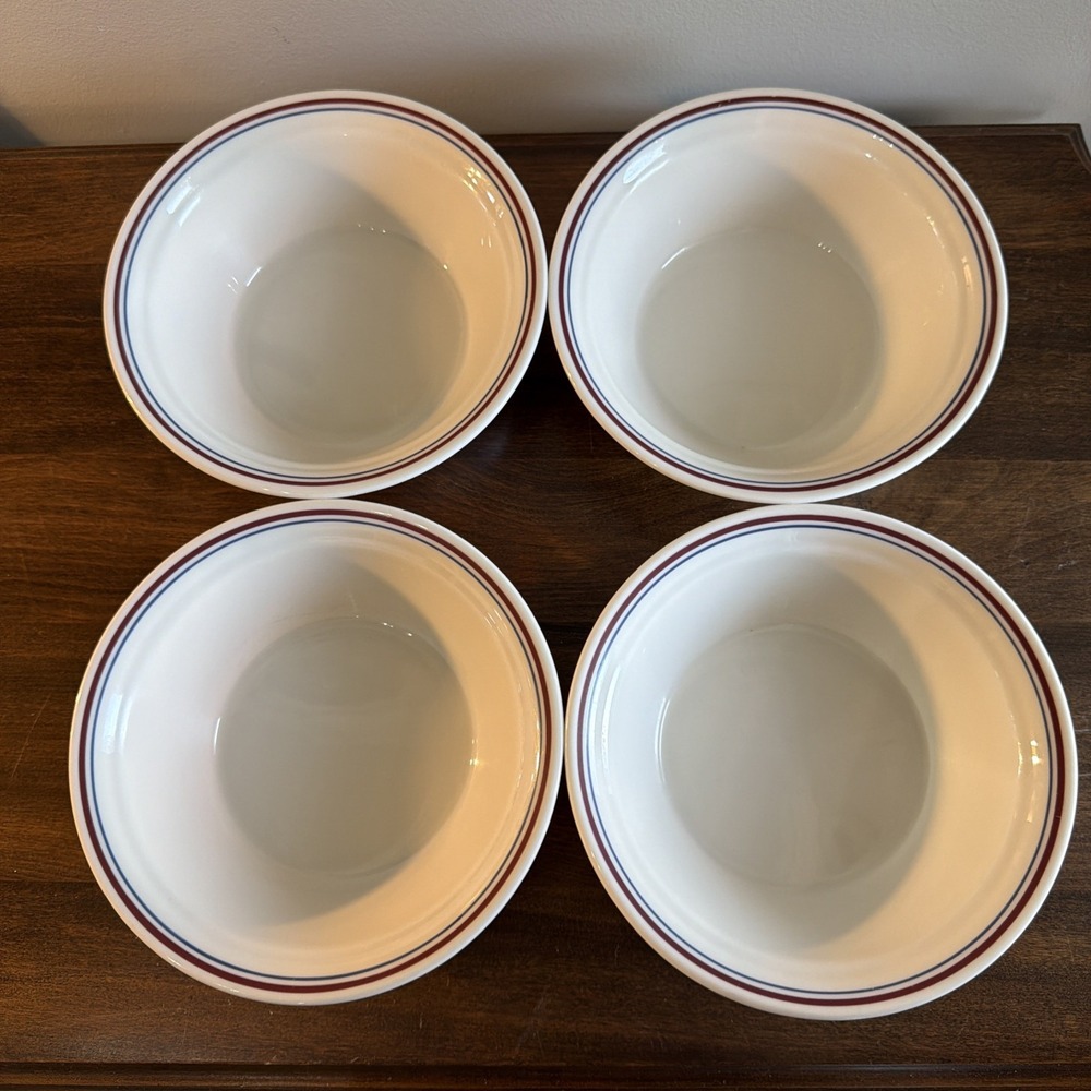 Corelle Abundance Soup Cereal Bowls 6 3/4" Lot of 4 Corning Blue Maroon Trim